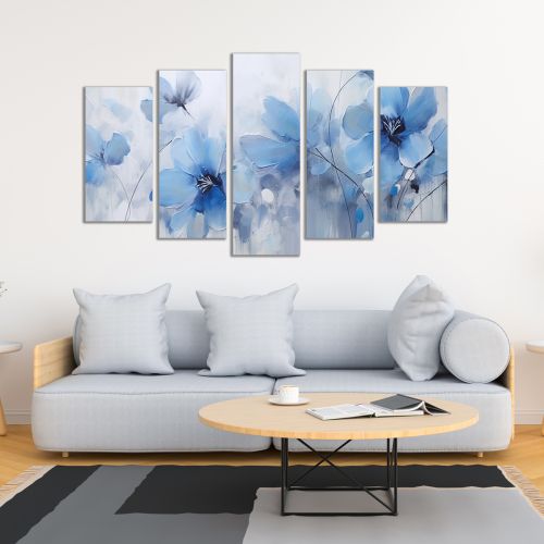 0966 Wall art decoration (set of 5 pieces) Blue flowers