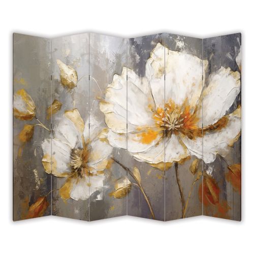 P0935 Decorative Screen Room divider Flowers - white and gold (3,4,5 or 6 panels)