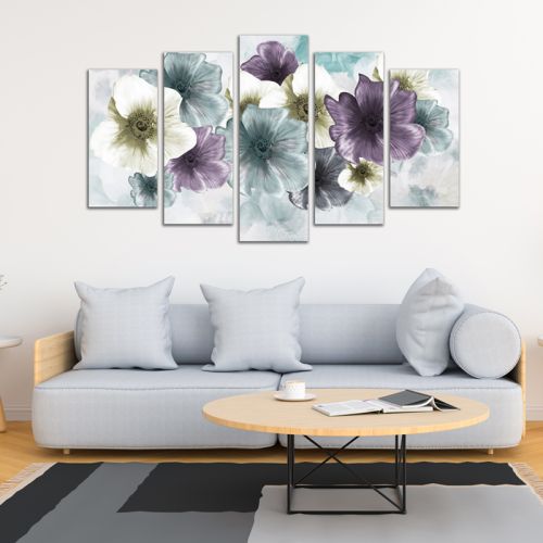 0990  Wall art decoration (set of 5 pieces) Abstraction with flowers and feathers