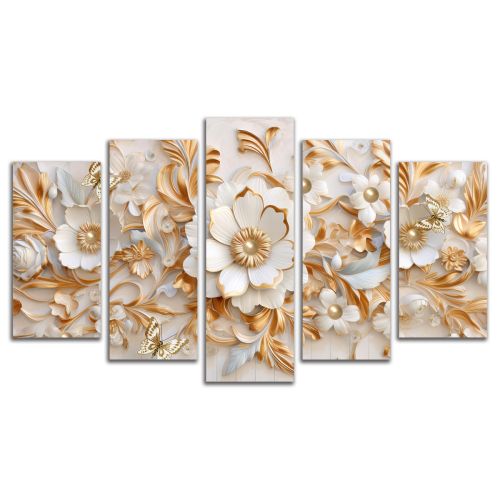 0995  Wall art decoration (set of 5 pieces) Golden flowers and butterflies