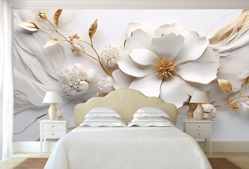 T1001 Wallpaper 3D Flowers white and gold