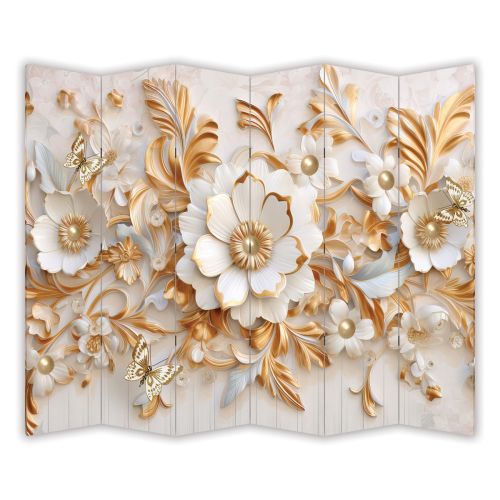 P0995 Decorative Screen Room divider 3D Golden Flowers and butterflies (3, 4, 5 or 6 panels)