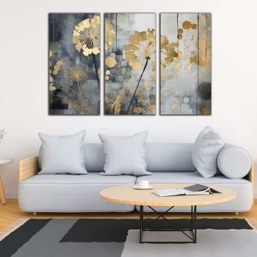 1008 Wall art decoration (set of 3 pieces) Dandelions in gold and grey