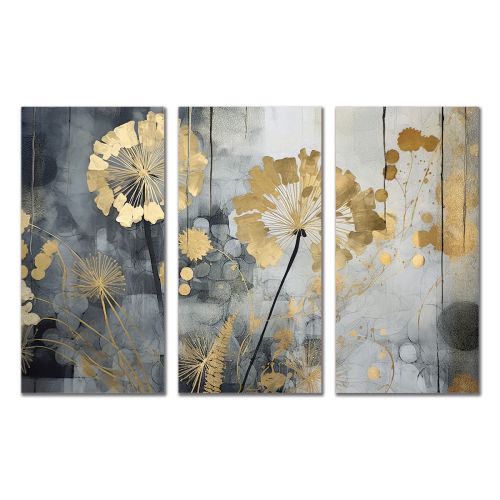 1008 Wall art decoration (set of 3 pieces) Dandelions in gold and grey