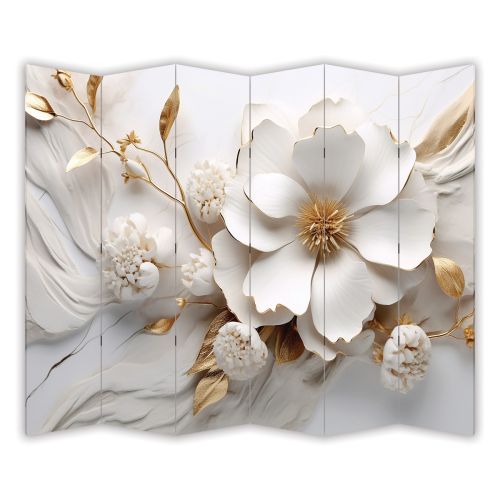 P1001 Decorative Screen Room divider 3D Flowers white and gold (3, 4, 5 or 6 panels)