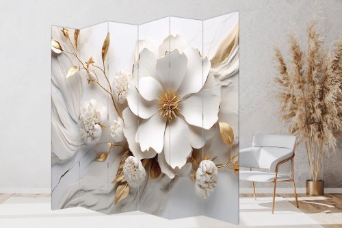 P1001 Decorative Screen Room divider 3D Flowers white and gold (3, 4, 5 or 6 panels)