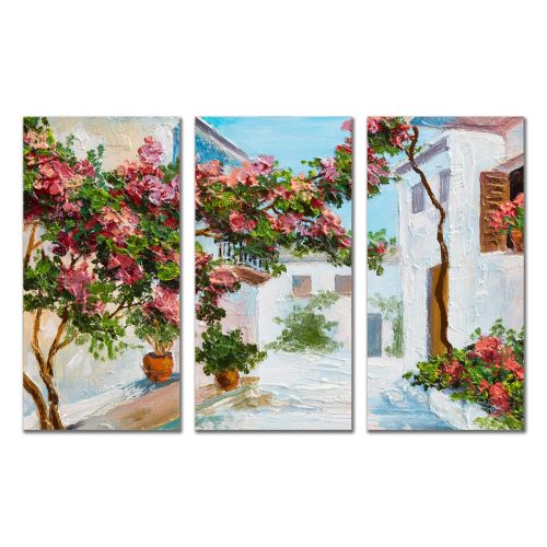 1014 Wall art decoration (set of 3 pieces) Summer landscape with houses and flowers