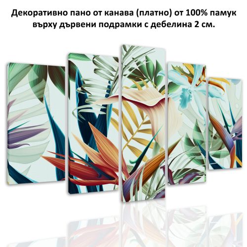 0892 Wall art decoration (set of 5 pieces) Colorful Tropical leaves