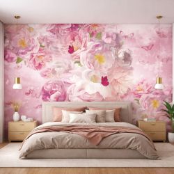 T9349 Wallpaper Delicate pink flowers and graceful butterflies