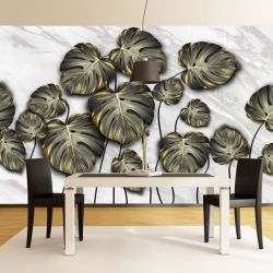 T0894 Wallpaper Tropical leaves black and gold