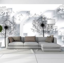 T9010 Wallpaper 3D Dandelions - white and black