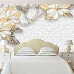 T9085 Wallpaper 3D Flowers - diamonds and gold