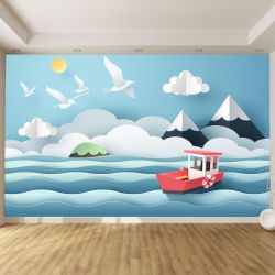 T9131 3D Wallpaper Boat in the sea