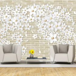 T9192 Wallpaper 3D White flowers on brick wall