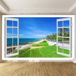 T9227 Wallpaper Window to sea and road with palm trees