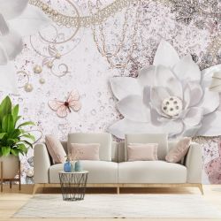 T9305 Wallpaper 3D Abstraction with white flowers, pearls and butterflies