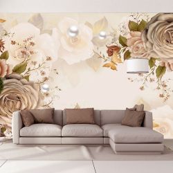 T9339 Wallpaper Roses in warm shades and delicate butterflies