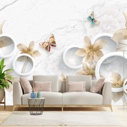 T9340 Wallpaper 3D Flowers and butterflies on a marble background