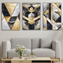 1172 Geometry – Set of 3 Marble Wall Art Prints with Golden Geometry