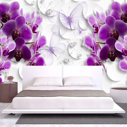 T0752 Wallpaper 3D Orchids, butterflies and diamonds