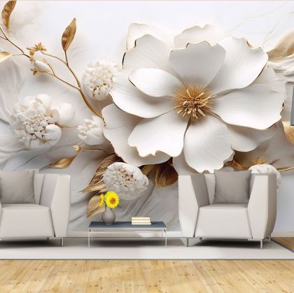 T1001 Wallpaper 3D Flowers white and gold