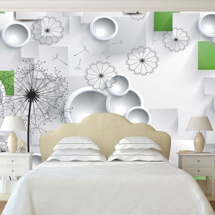 T9003 Wallpaper 3D Dandelions - white and green