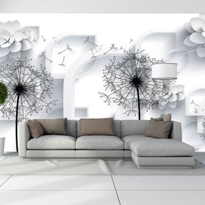 T9010 Wallpaper 3D Dandelions - white and black