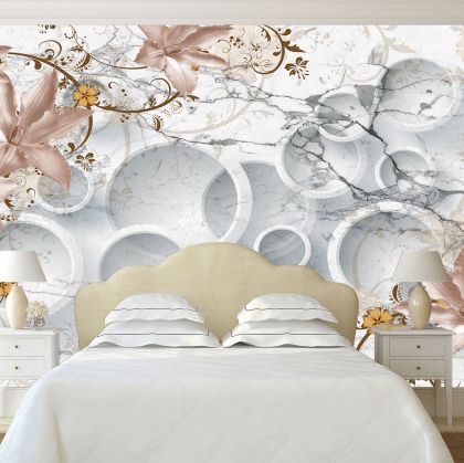 T9017 Wallpaper 3D Circles and vintage flowers