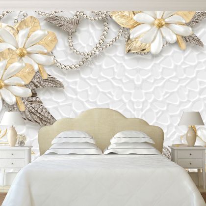 T9085 Wallpaper 3D Flowers - diamonds and gold