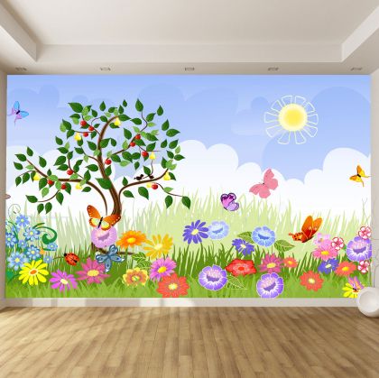 T9088 Wallpaper Summer landscape with tree, sun and flowers