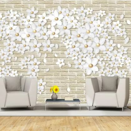 T9192 Wallpaper 3D White flowers on brick wall
