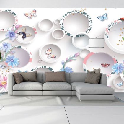 T9209 Wallpaper 3D Circles, flowers and butterflies