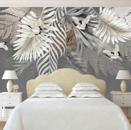 T9315 Wallpaper ropical Leaves and Cranes on Gray Background
