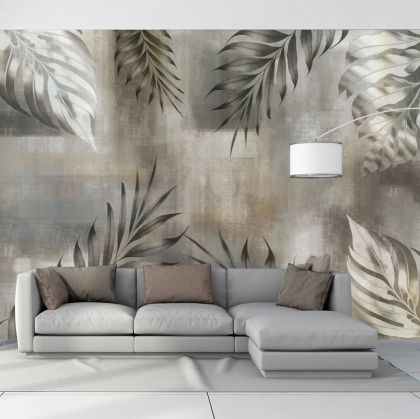 T9348 Wallpaper Leaves in soft gray and earth tones