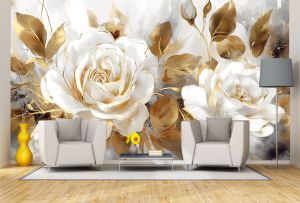 T1102 Wallpaper 3D White rose in golden glow