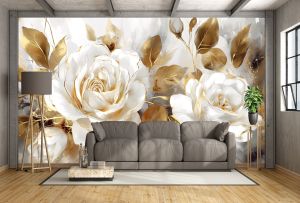 T1102 Wallpaper 3D White rose in golden glow