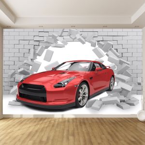 T9102 Фототапет 3D Червен автомил и тухлена стена