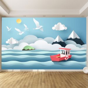 T9131 3D Wallpaper Boat in the sea