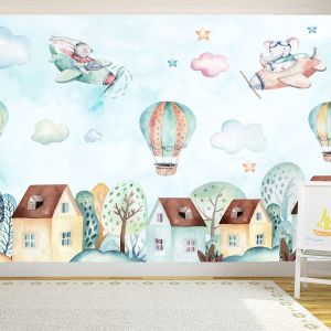 T9249 Wallpaper Bunny and elephant with helicopters over the city