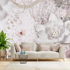 T9305 Wallpaper 3D Abstraction with white flowers, pearls and butterflies