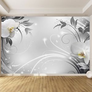 T9308 Wallpaper 3D White Orchids and Silver Ornaments