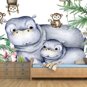 T9322 Wallpaper Cute Hippos and Monkeys in a Jungle Scene