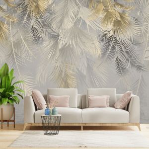 T9326 Wallpaper Tropical leaves in gold and gray