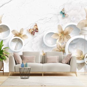 T9340 Wallpaper 3D Flowers and butterflies on a marble background