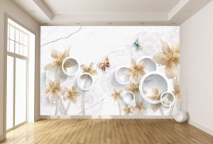 T9340 Фототапет 3D Цветя и пеперуди върху мраморен фон