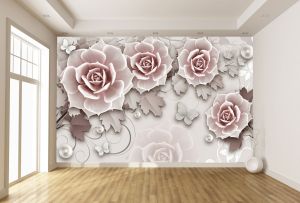 T9309 Фототапет 3D Романтични рози, перли и пеперуди 