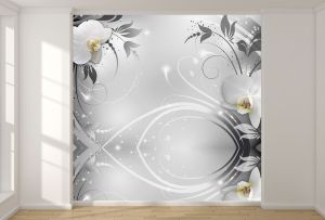 T9308 Wallpaper 3D White Orchids and Silver Ornaments