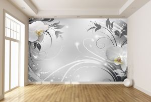 T9308 Wallpaper 3D White Orchids and Silver Ornaments