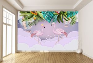 T9300 Фототапет Тропически листа и Фламинго