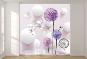 T9022 Wallpaper 3D Dandelions - white and purple
